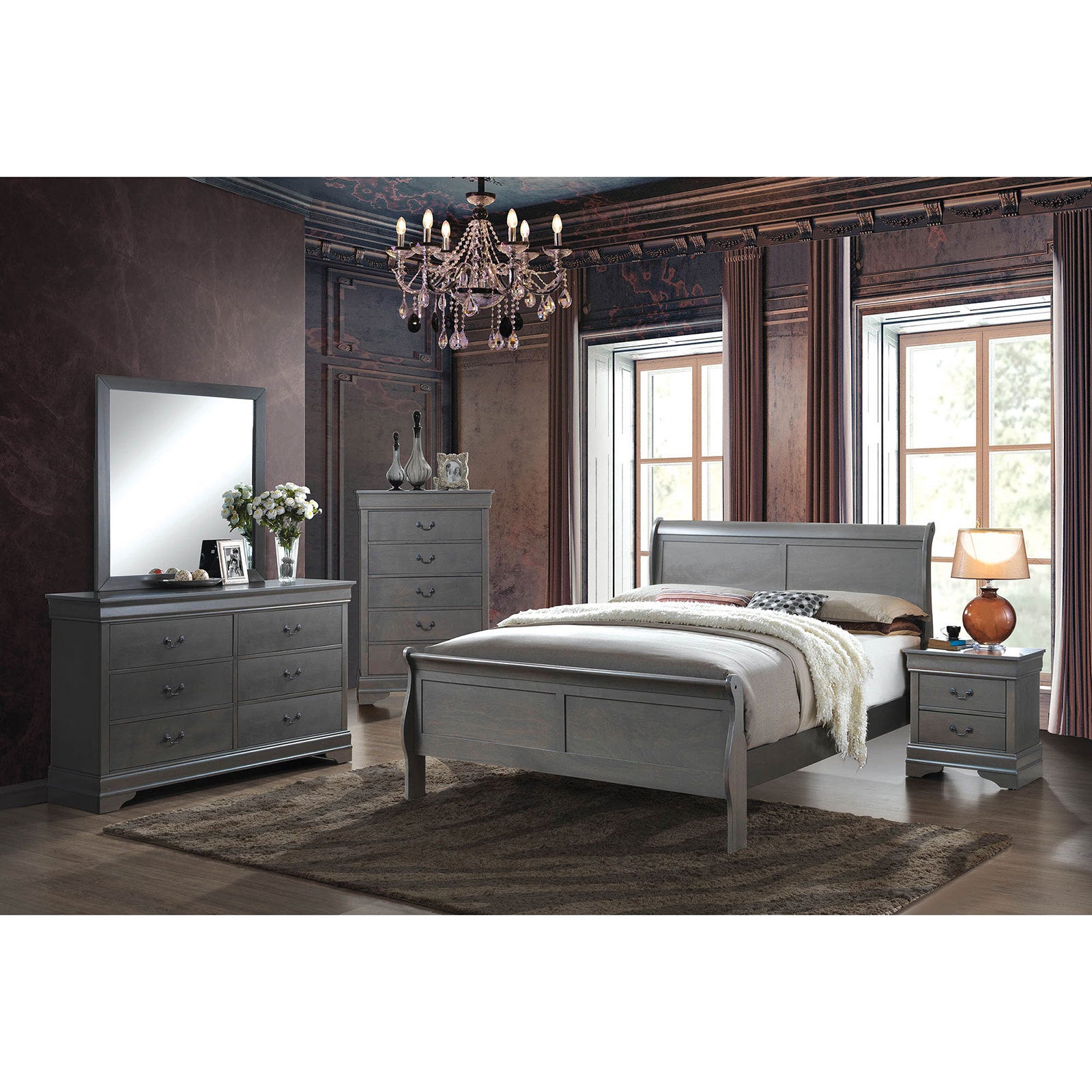 1Pc Nightstand Gray Louis Philippe Solid Wood English Dovetail Construction Antique Nickle Hanging Pulls Gray 2 Drawers Bedroom Bedside Cabinet Contemporary,Transitional Rubberwood Drawers Solid Wood