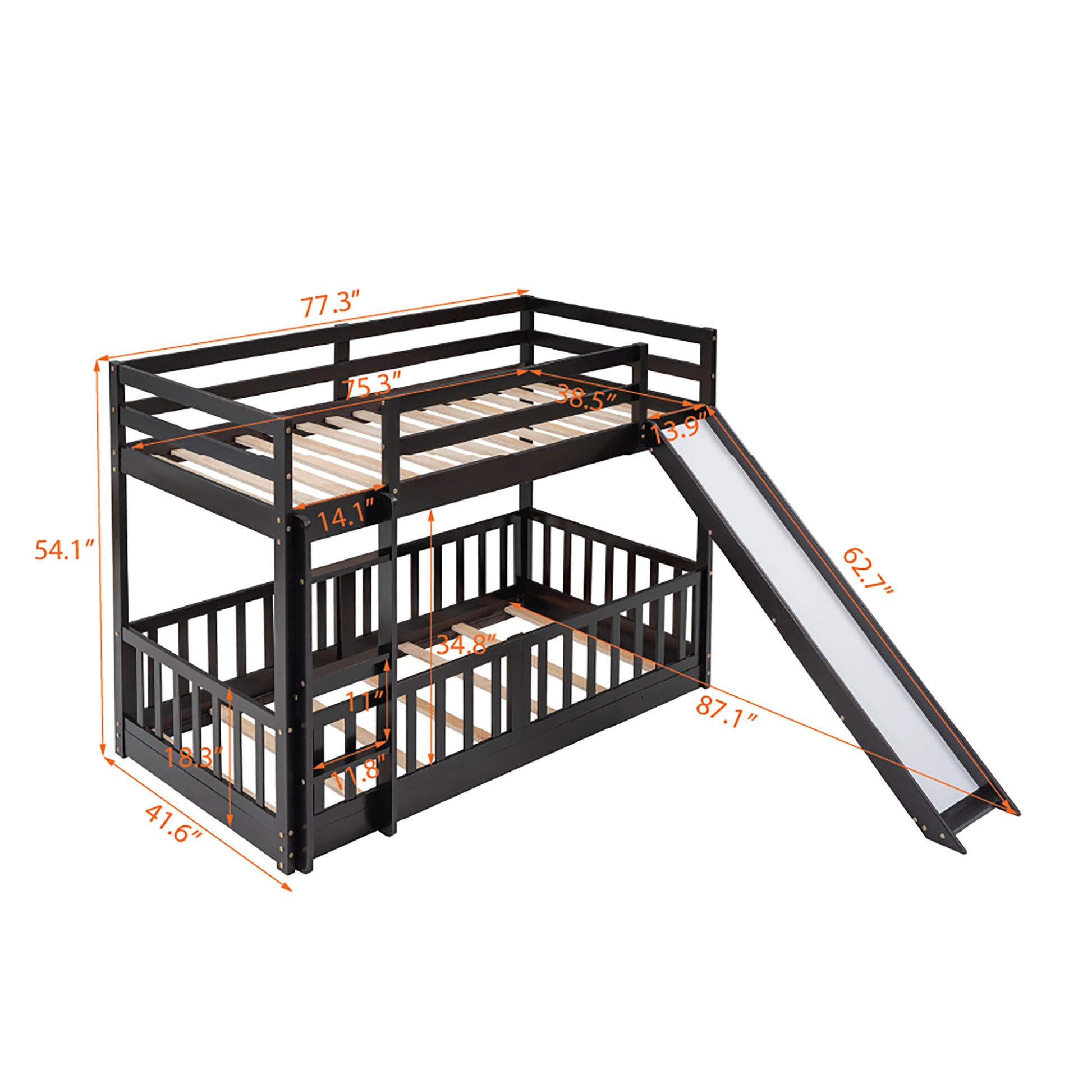 Twin Over Twin Bunk Bed With Slide And Ladder, Espresso Old Sku:Lp000009Aap Espresso Solid Wood