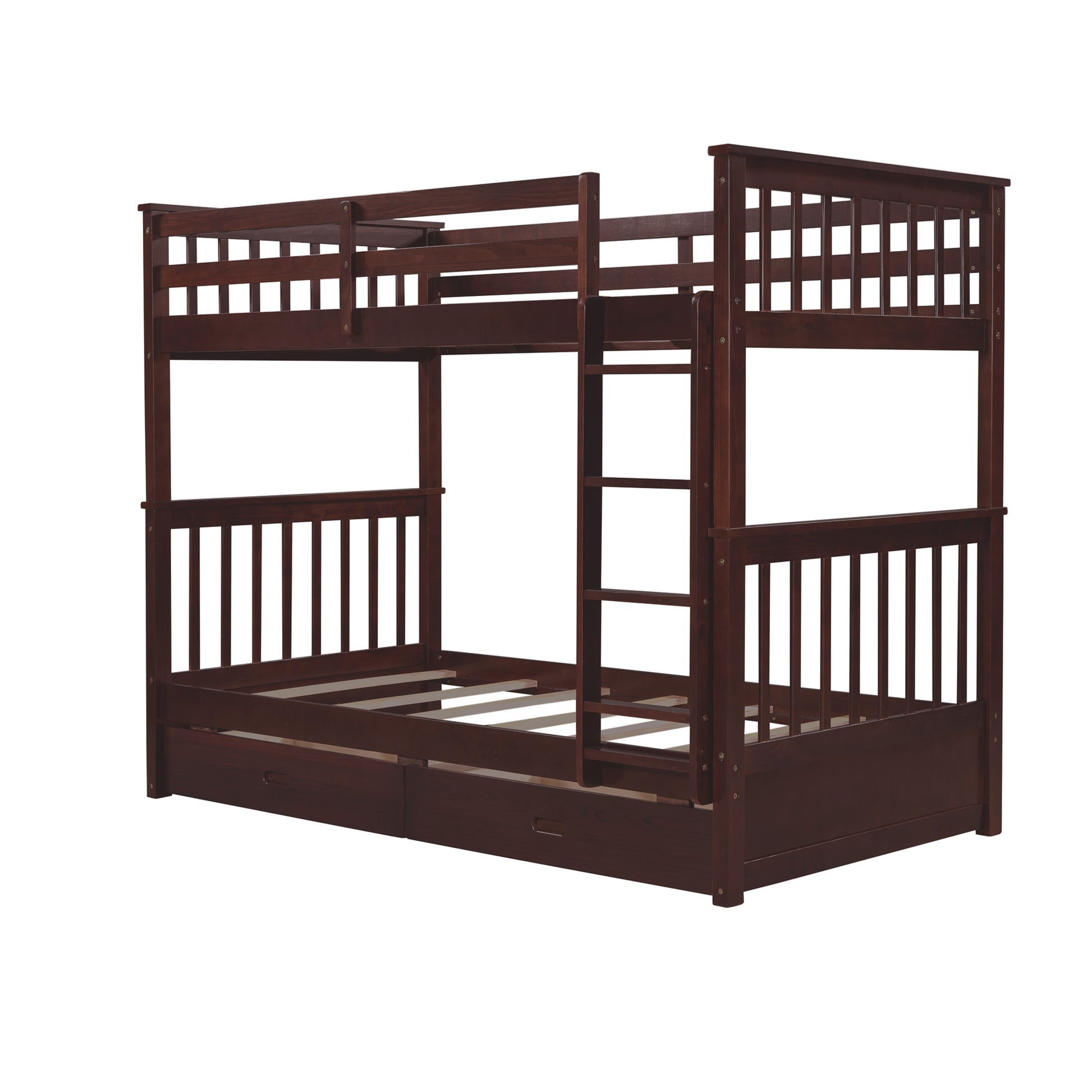 Twin Over Twin Bunk Bed With Ladders And Two Storage Drawers Espresso Old Sku:Lt000265Aap Espresso Solid Wood