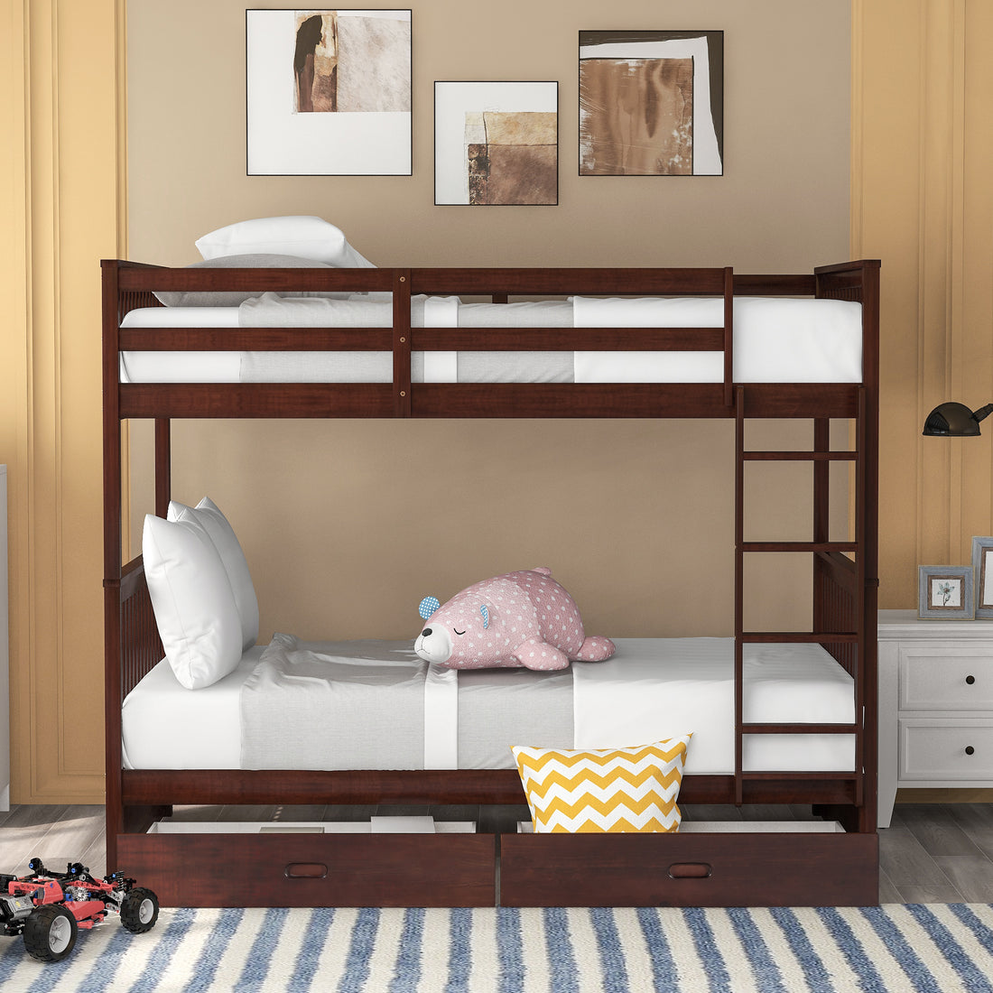 Twin Over Twin Bunk Bed With Ladders And Two Storage Drawers Espresso Old Sku:Lt000265Aap Espresso Solid Wood