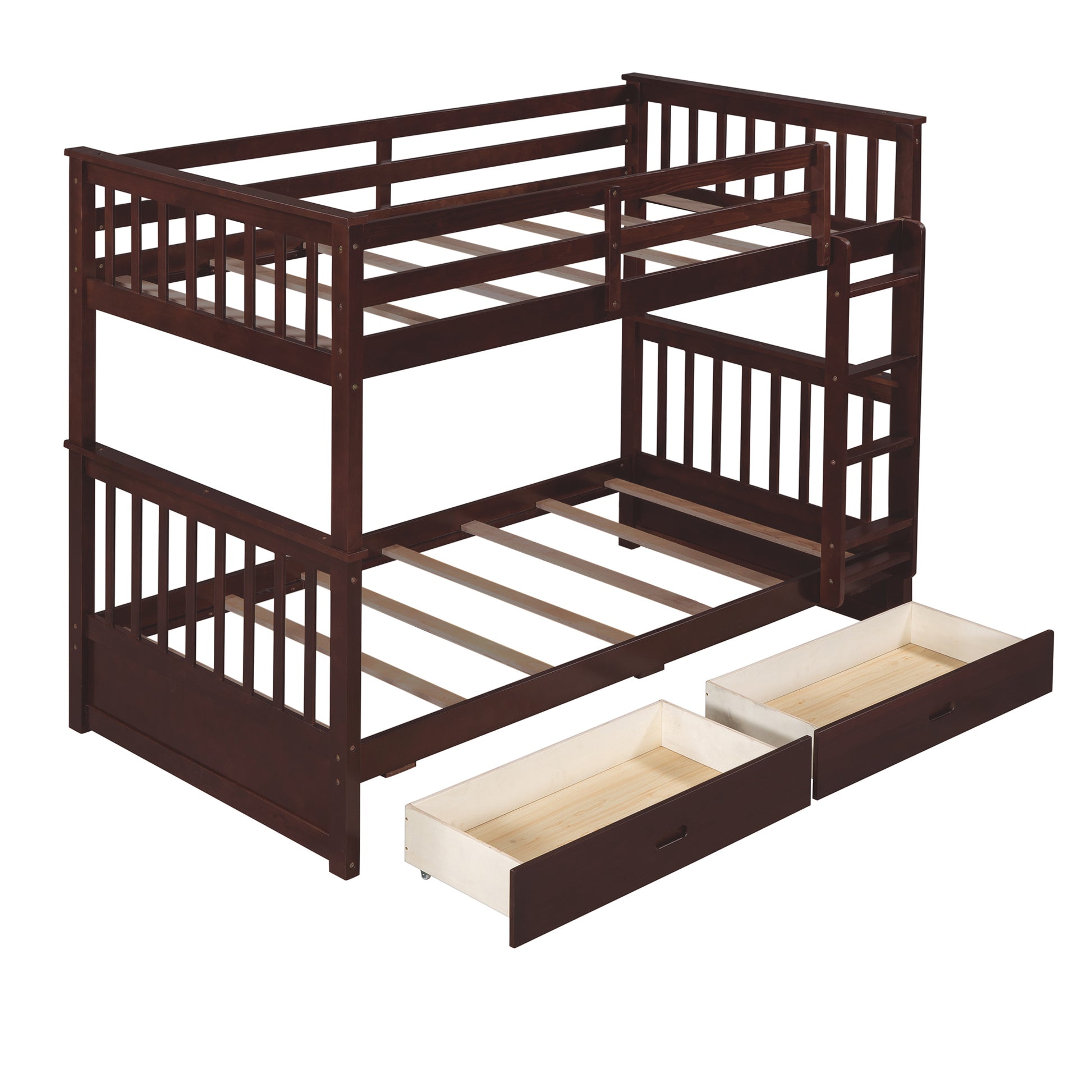 Twin Over Twin Bunk Bed With Ladders And Two Storage Drawers Espresso Old Sku:Lt000265Aap Espresso Solid Wood