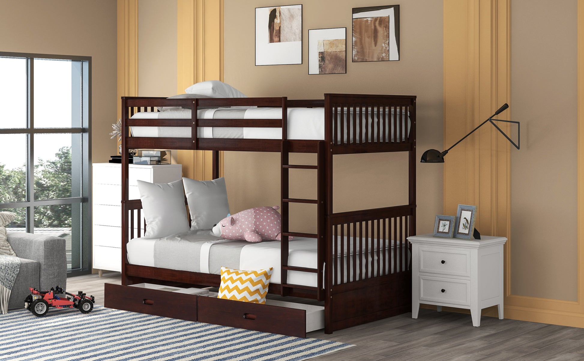 Twin Over Twin Bunk Bed With Ladders And Two Storage Drawers Espresso Old Sku:Lt000265Aap Espresso Solid Wood