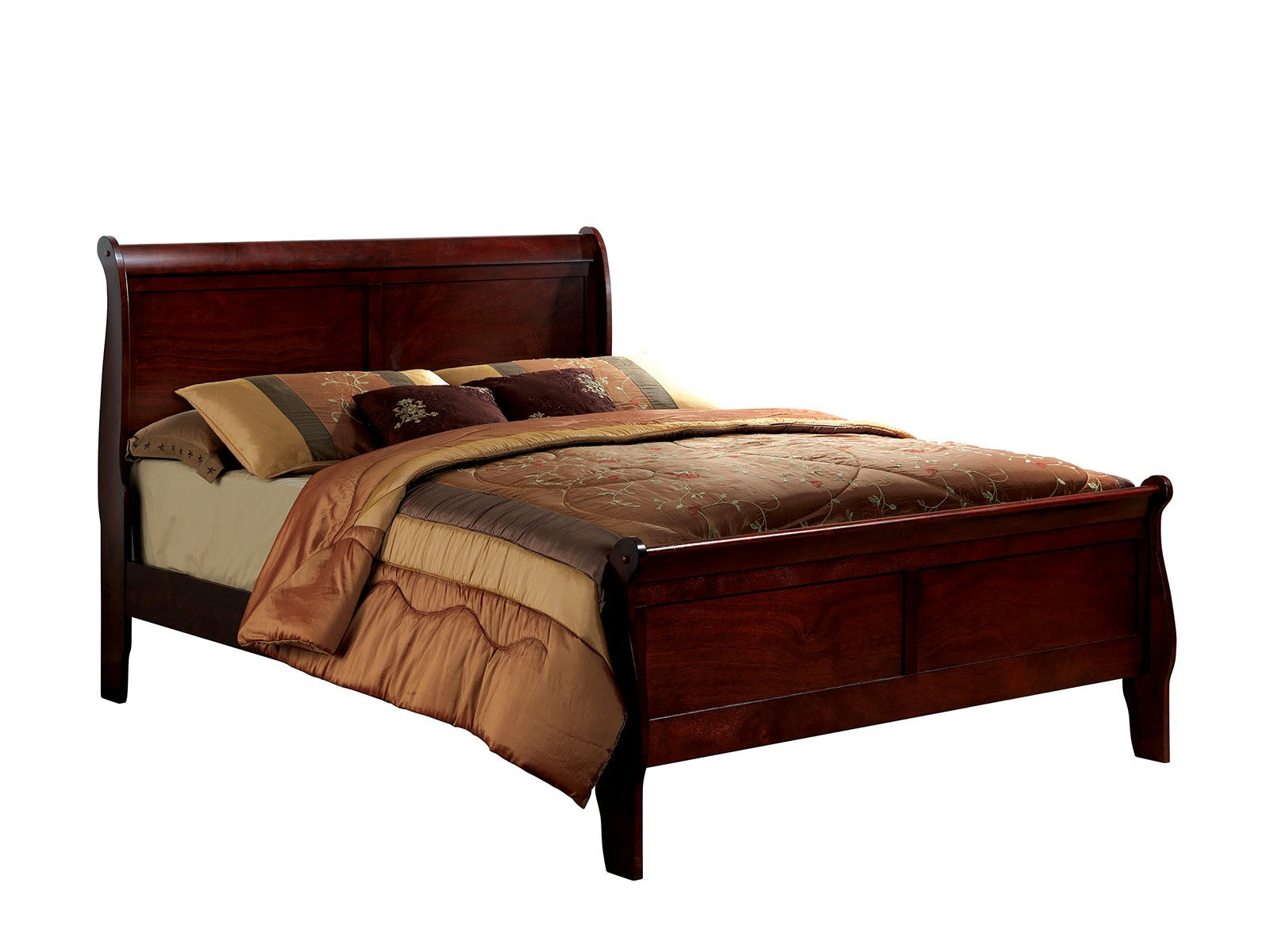 Full Size Bed Cherry Louis Phillipe Solidwood 1Pc Bed Bedroom Sleigh Bed Bedroom Furniture Box Spring Required Full Cherry Wood Brown Bedroom Contemporary,Modern Rubberwood Bed Frame Solid Wood