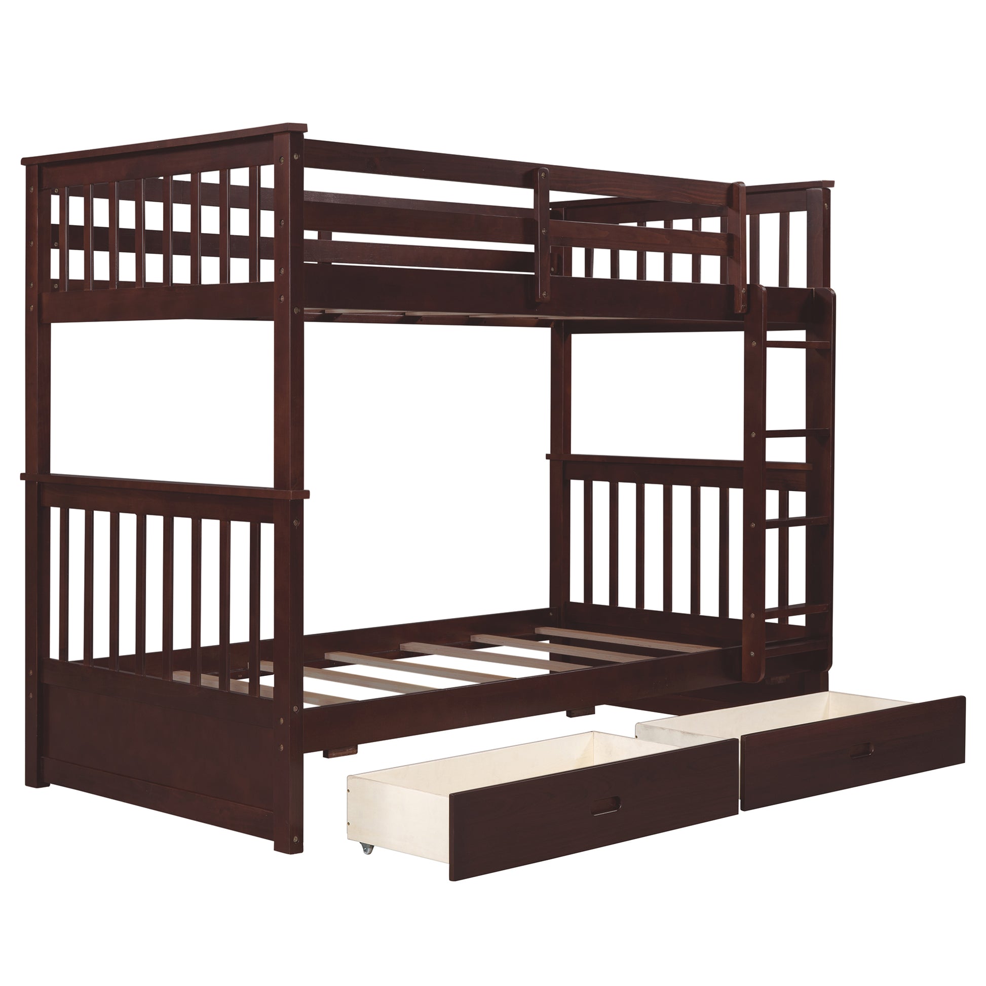 Twin Over Twin Bunk Bed With Ladders And Two Storage Drawers Espresso Old Sku:Lt000265Aap Espresso Solid Wood