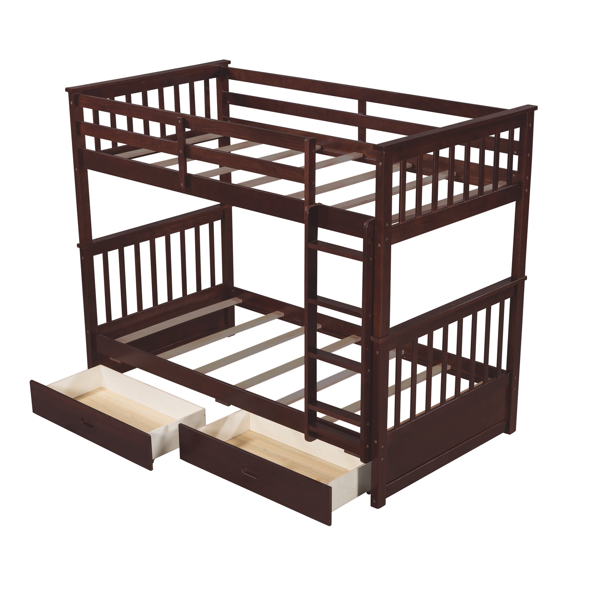 Twin Over Twin Bunk Bed With Ladders And Two Storage Drawers Espresso Old Sku:Lt000265Aap Espresso Solid Wood