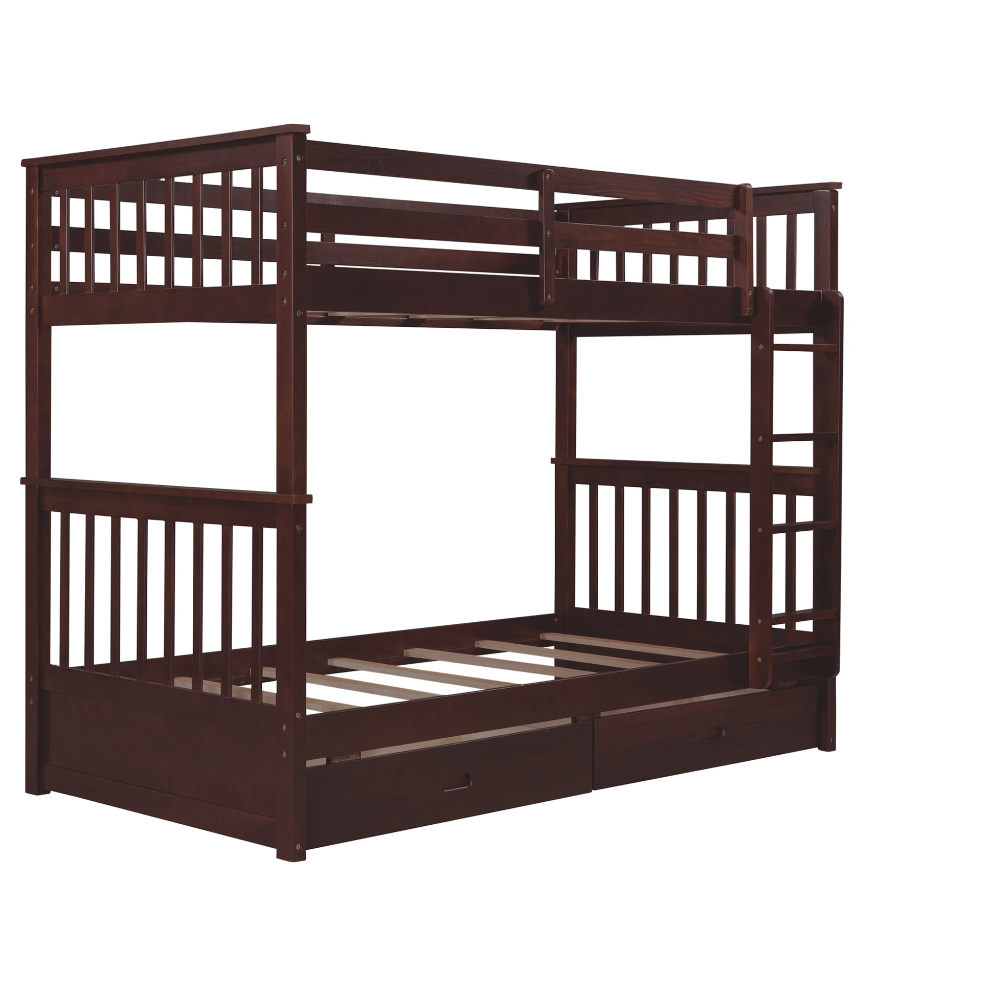 Twin Over Twin Bunk Bed With Ladders And Two Storage Drawers Espresso Old Sku:Lt000265Aap Espresso Solid Wood