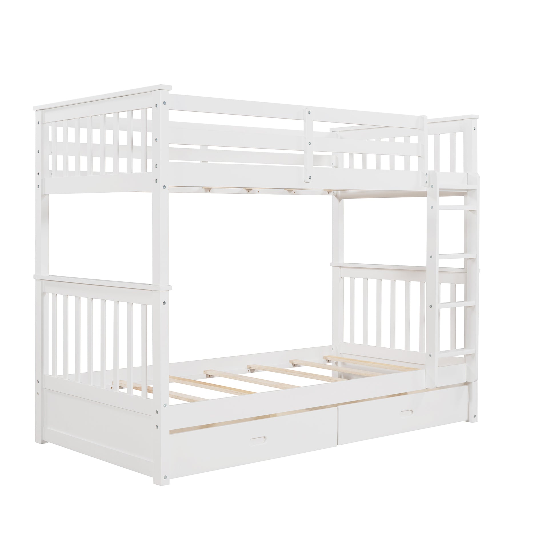 Twin Over Twin Bunk Bed With Ladders And Two Storage Drawers White Old Sku:Lt000265Aak White Solid Wood