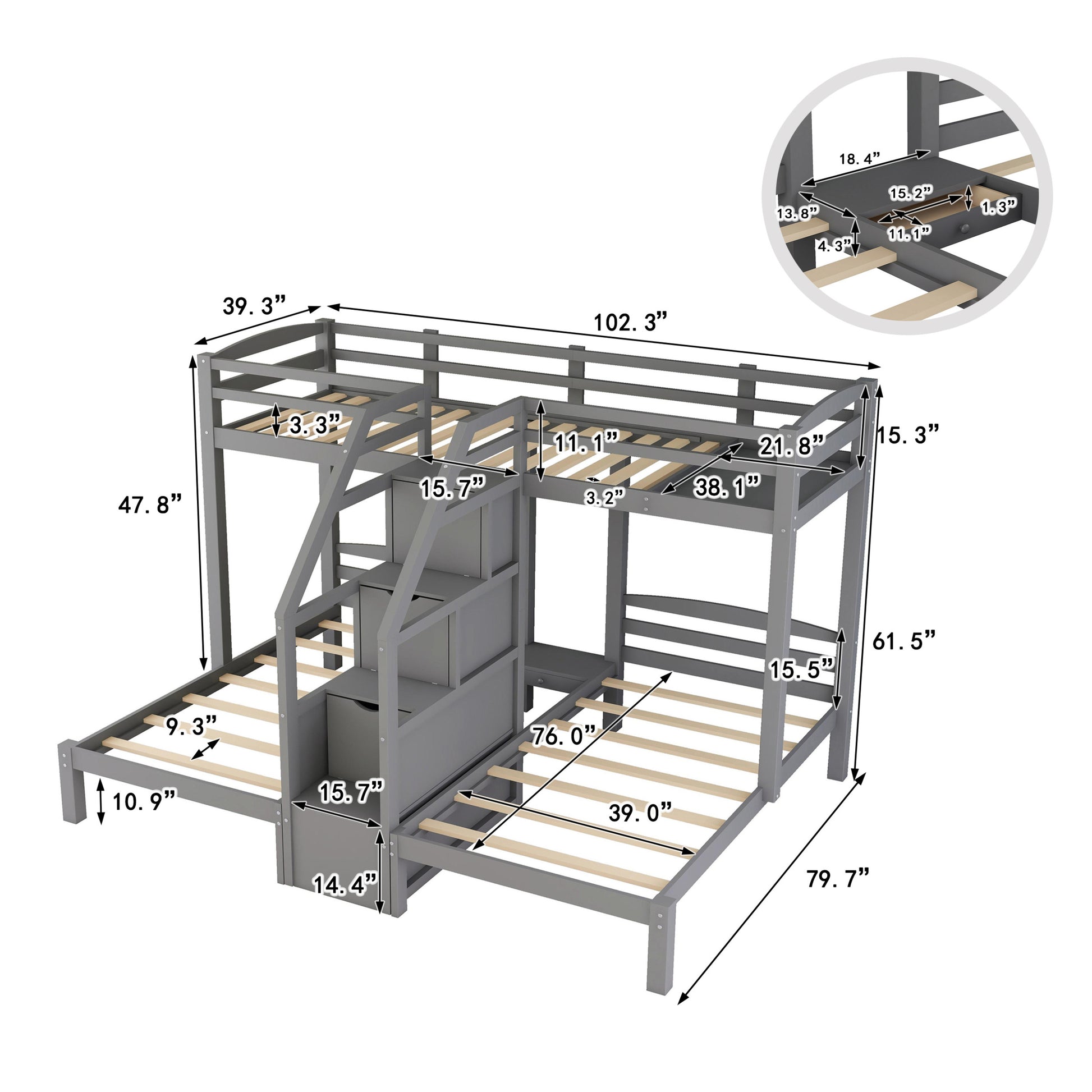 Twin Over Twin & Twin Bunk Bed With Built In Staircase And Storage Drawer,Gray Gray Pine