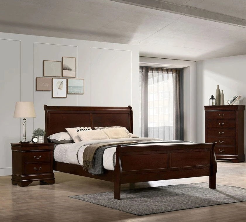 Full Size Bed Cherry Louis Phillipe Solidwood 1Pc Bed Bedroom Sleigh Bed Bedroom Furniture Box Spring Required Full Cherry Wood Brown Bedroom Contemporary,Modern Rubberwood Bed Frame Solid Wood