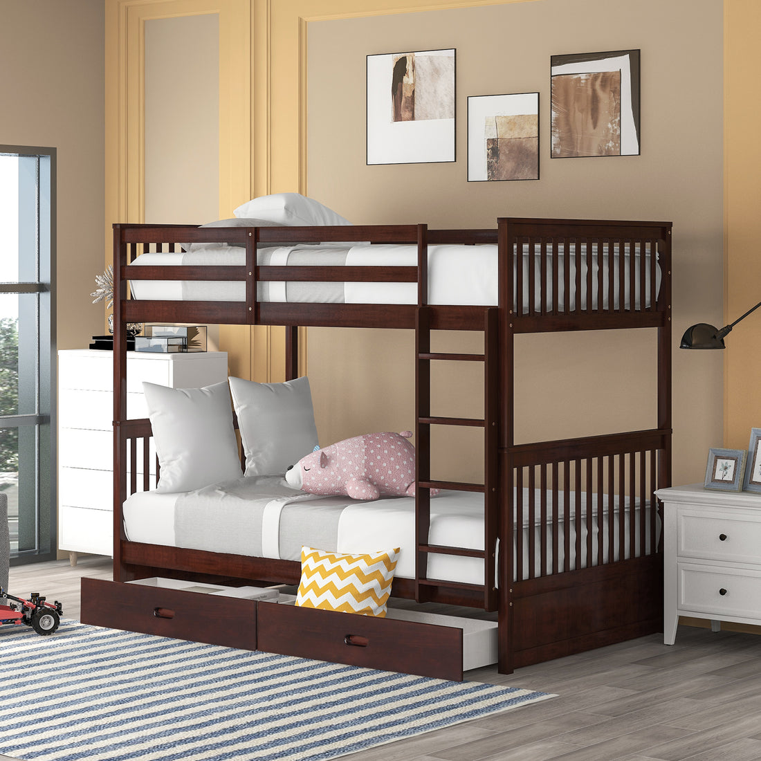 Twin Over Twin Bunk Bed With Ladders And Two Storage Drawers Espresso Old Sku:Lt000265Aap Espresso Solid Wood