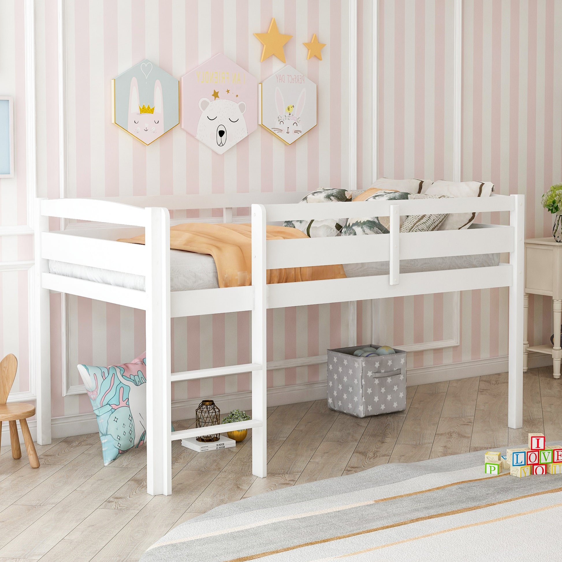 Twin Wood Loft Bed Low Loft Beds With Ladder,Twin,White Old Sku :Wf192082Aak White Solid Wood