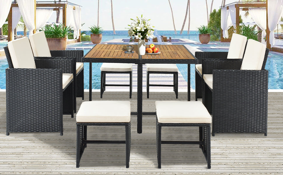 Patio All Weather Pe Wicker Dining Table Set With Wood Tabletop For 8, Black Rattan Beige Cushion 9 Piece Yes Complete Patio Set Black Water Resistant Frame Water Resistant Cushion Garden & Outdoor Casual Complete Patio Sets Foam Rattan