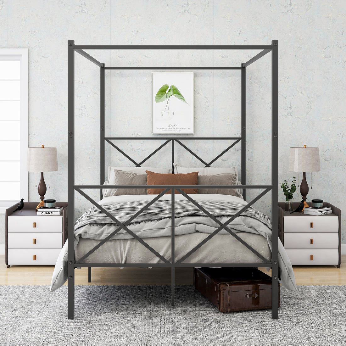 Metal Canopy Bed Frame, Platform Bed Frame With X Shaped Frame Full Black Black Metal