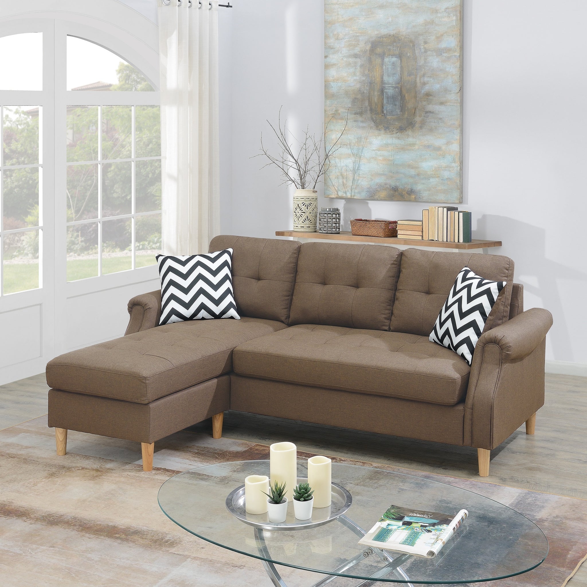 Living Room Corner Sectional Light Coffee Polyfiber Chaise Sofa Reversible Sectional Light Coffee Wood Primary Living Space Tufted Back Contemporary,Modern L Shaped Rubberwood Rolled Arms Solid Wood 4 Seat