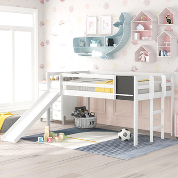 Twin Size Loft Bed Wood Bed With Slide, Stair And Chalkboard,White Old Sku :Wf282115Aak White Solid Wood