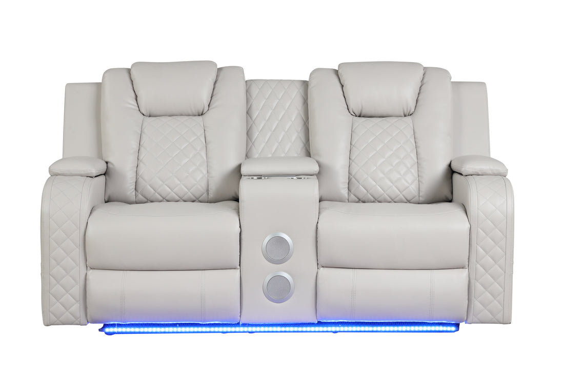 Benz Led & Power Reclining Loveseat Made With Faux Leather In Ice Beige Faux Leather Metal Primary Living Space Medium Soft Cushion Back Heavy Duty Contemporary,Modern Solid Wood Mdf Faux Leather