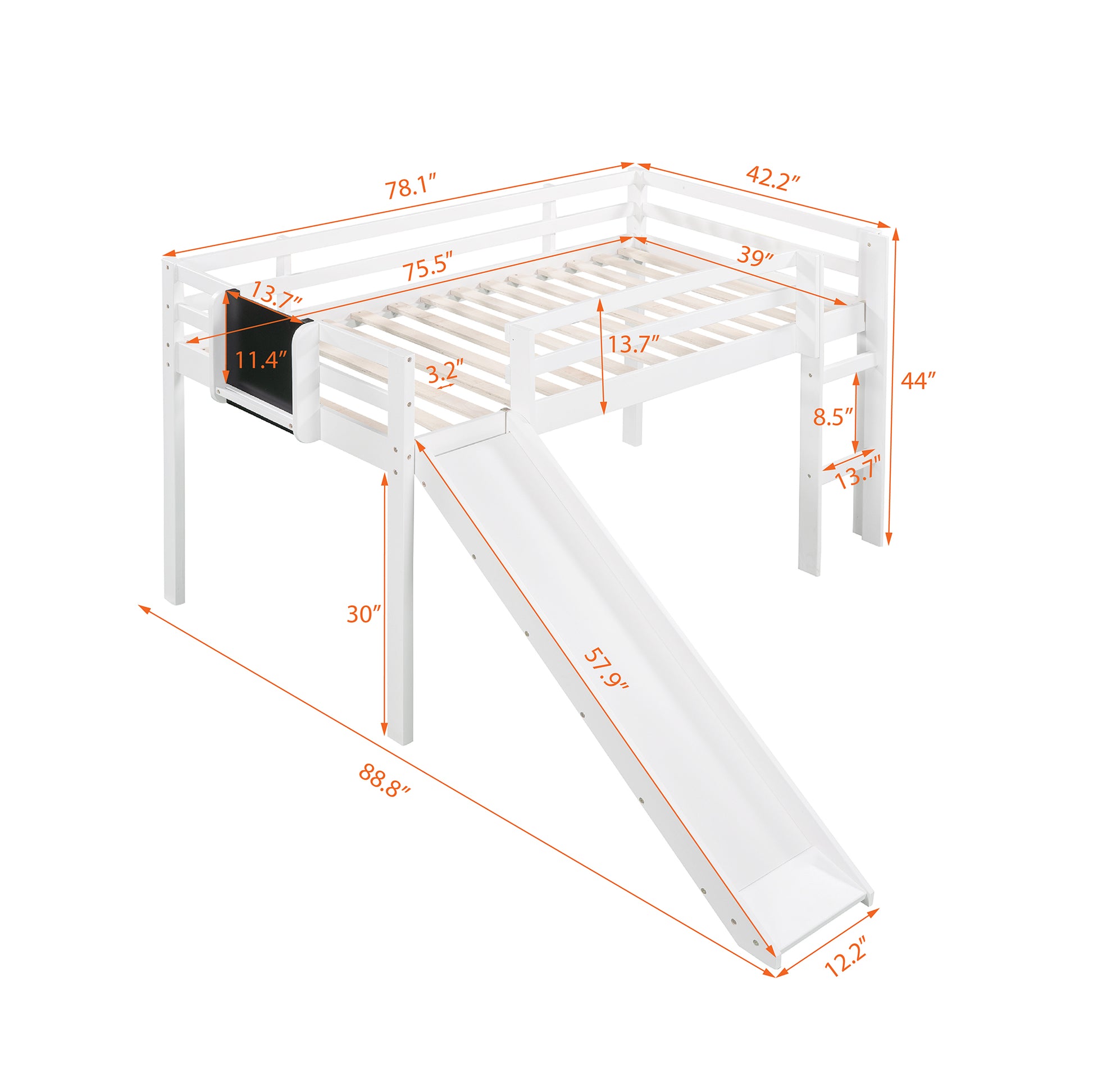 Twin Size Loft Bed Wood Bed With Slide, Stair And Chalkboard,White Old Sku :Wf282115Aak White Solid Wood