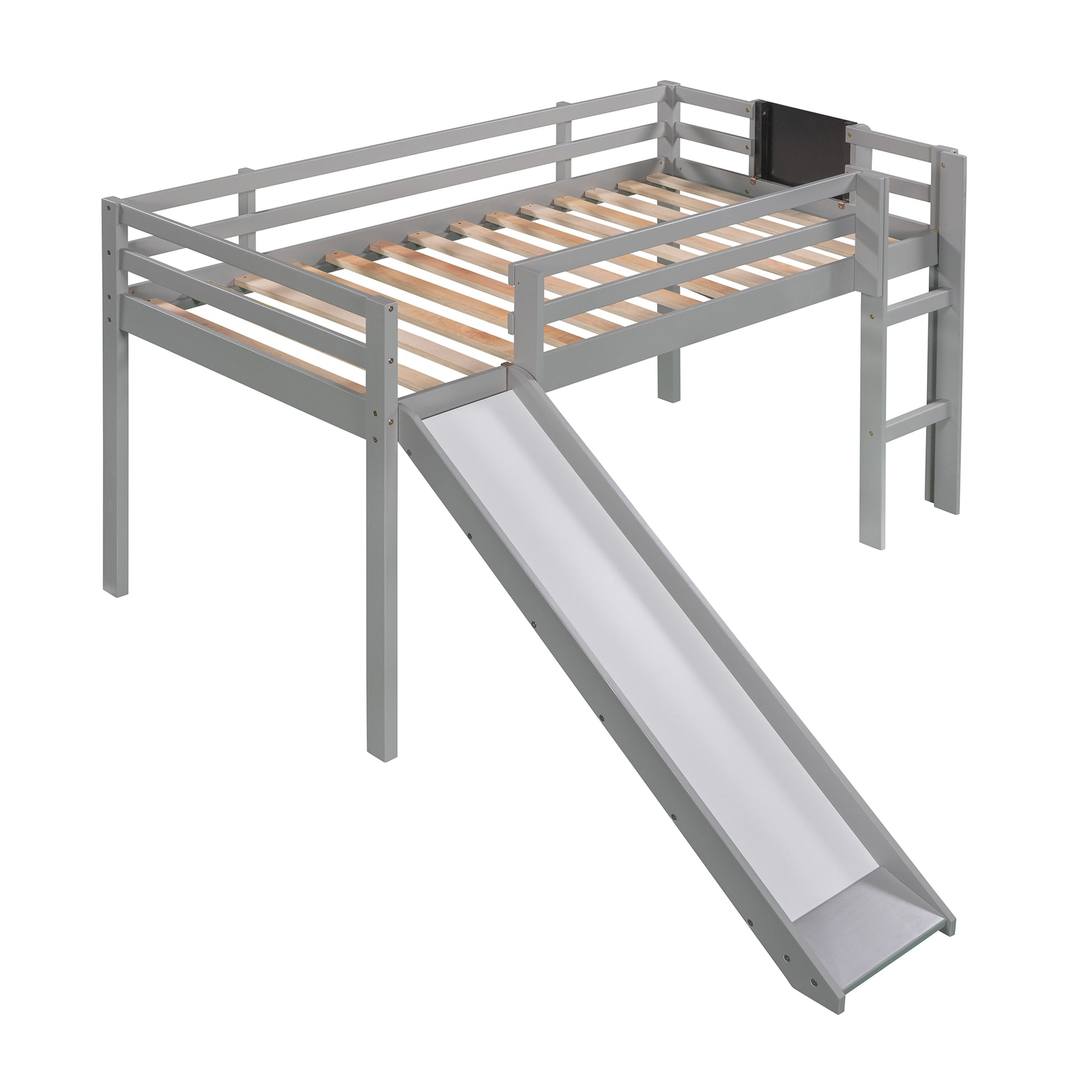 Twin Size Loft Bed Wood Bed With Slide, Stair And Chalkboard,Gray Old Sku :Wf282115Aae Gray Solid Wood