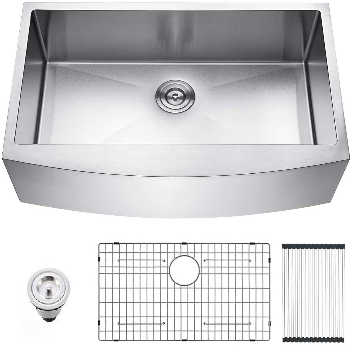 Brushed Nickel 16 Gauge Stainless Steel 33 In. Single Bowl Farmhouse Apron Kitchen Sink With Bottom Grid And Basket Strainer Brushed Nickel Stainless Steel