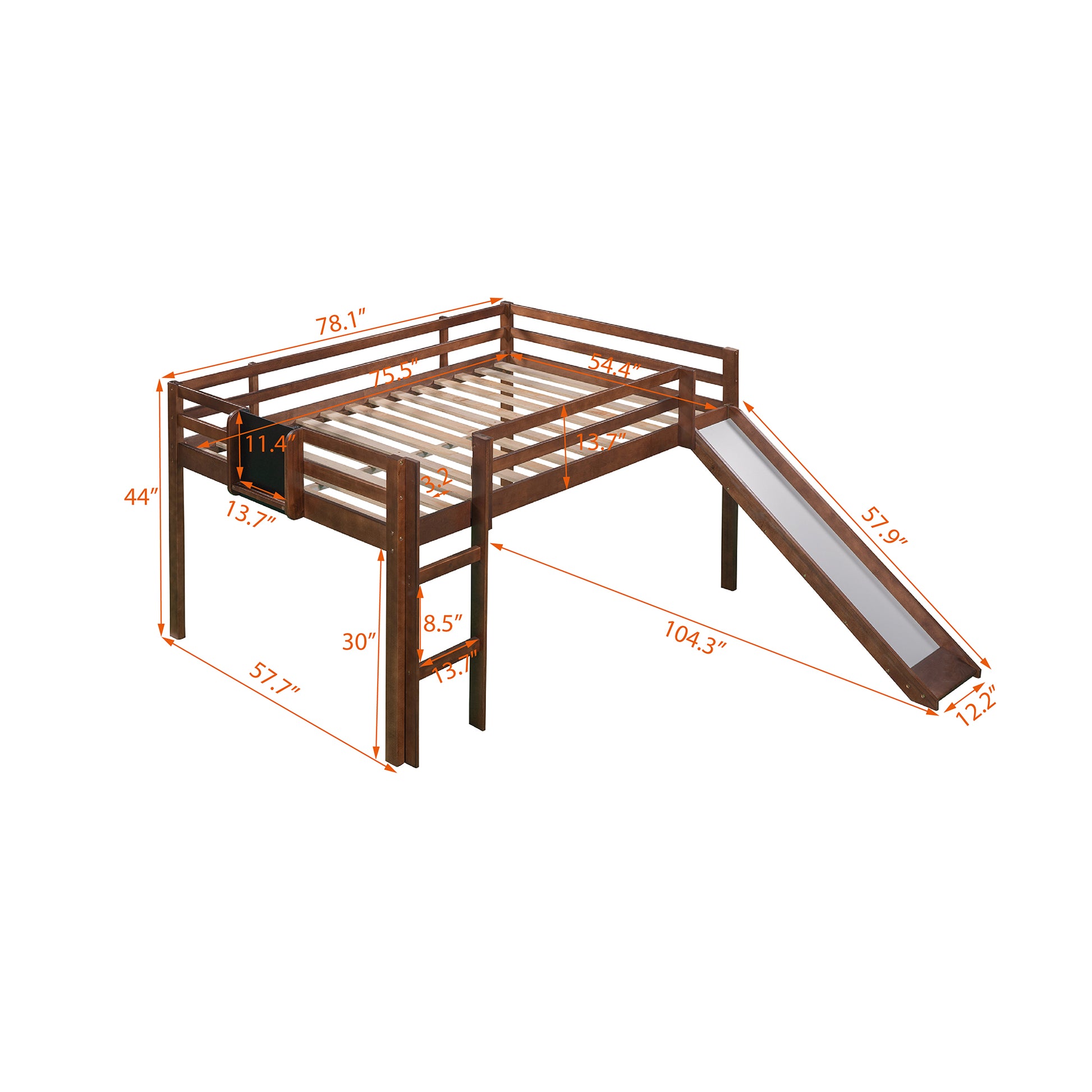 Full Size Loft Bed Wood Bed With Slide, Stair And Chalkboard,Walnut Old Sku:Wf282116Aal Walnut Solid Wood