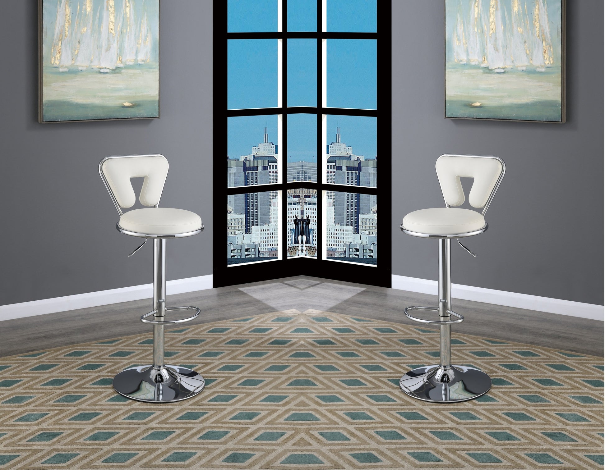 Adjustable Bar Stool Gas Lift Chair White Faux Leather Chrome Base Metal Frame Modern Stylish Set Of 2 Chairs White Dining Room Classic,Contemporary,Modern Bar Stools Metal