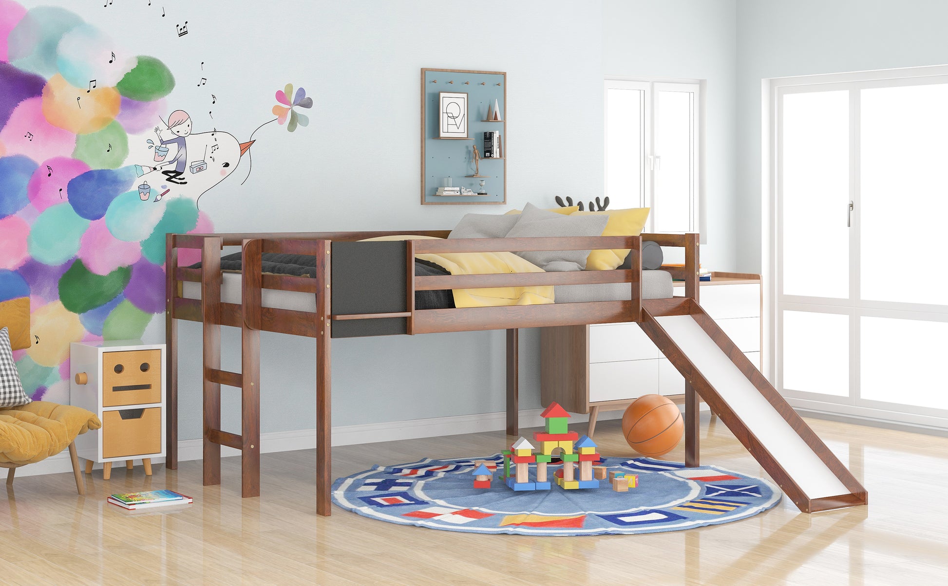 Full Size Loft Bed Wood Bed With Slide, Stair And Chalkboard,Walnut Old Sku:Wf282116Aal Walnut Solid Wood