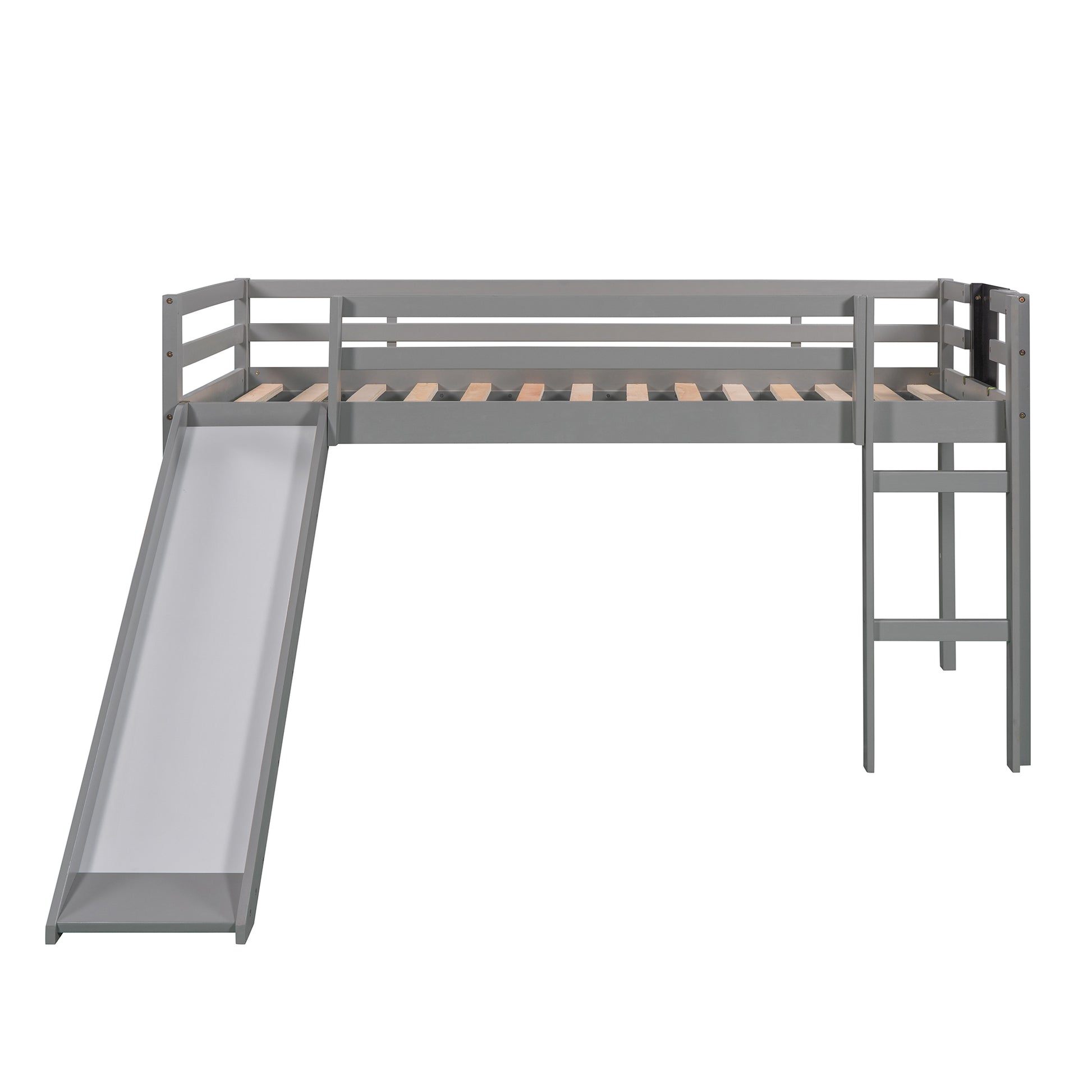 Twin Size Loft Bed Wood Bed With Slide, Stair And Chalkboard,Gray Old Sku :Wf282115Aae Gray Solid Wood