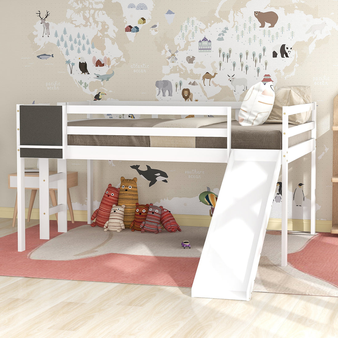 Full Size Loft Bed Wood Bed With Slide, Stair And Chalkboard,White Old Sku:Wf282116Aak White Solid Wood