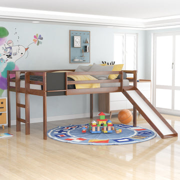 Full Size Loft Bed Wood Bed With Slide, Stair And Chalkboard,Walnut Old Sku:Wf282116Aal Walnut Solid Wood