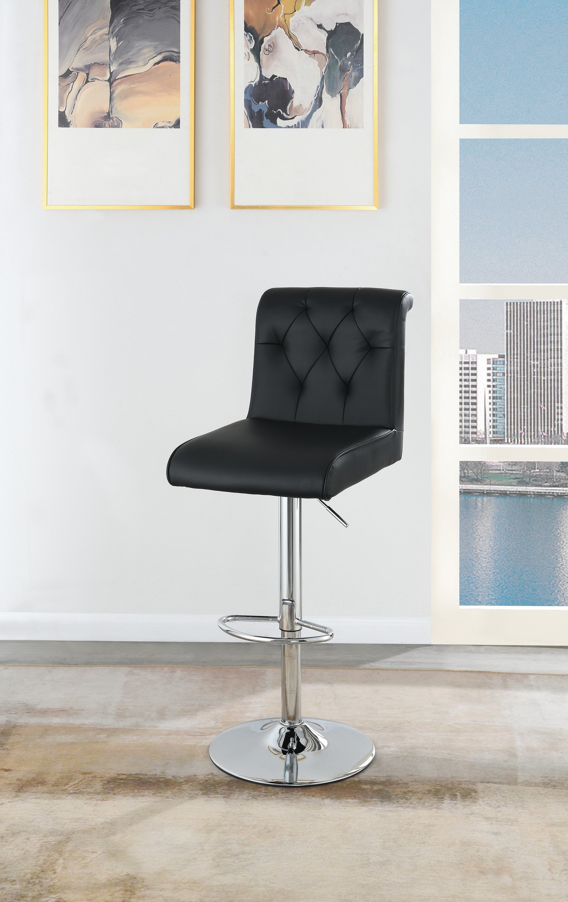 Adjustable Bar Stool Gas Lift Chair Black Faux Leather Tufted Chrome Base Modern Set Of 2 Chairs Dining Kitchen Black Dining Room Contemporary,Modern Bar Stools Tufted Back Metal