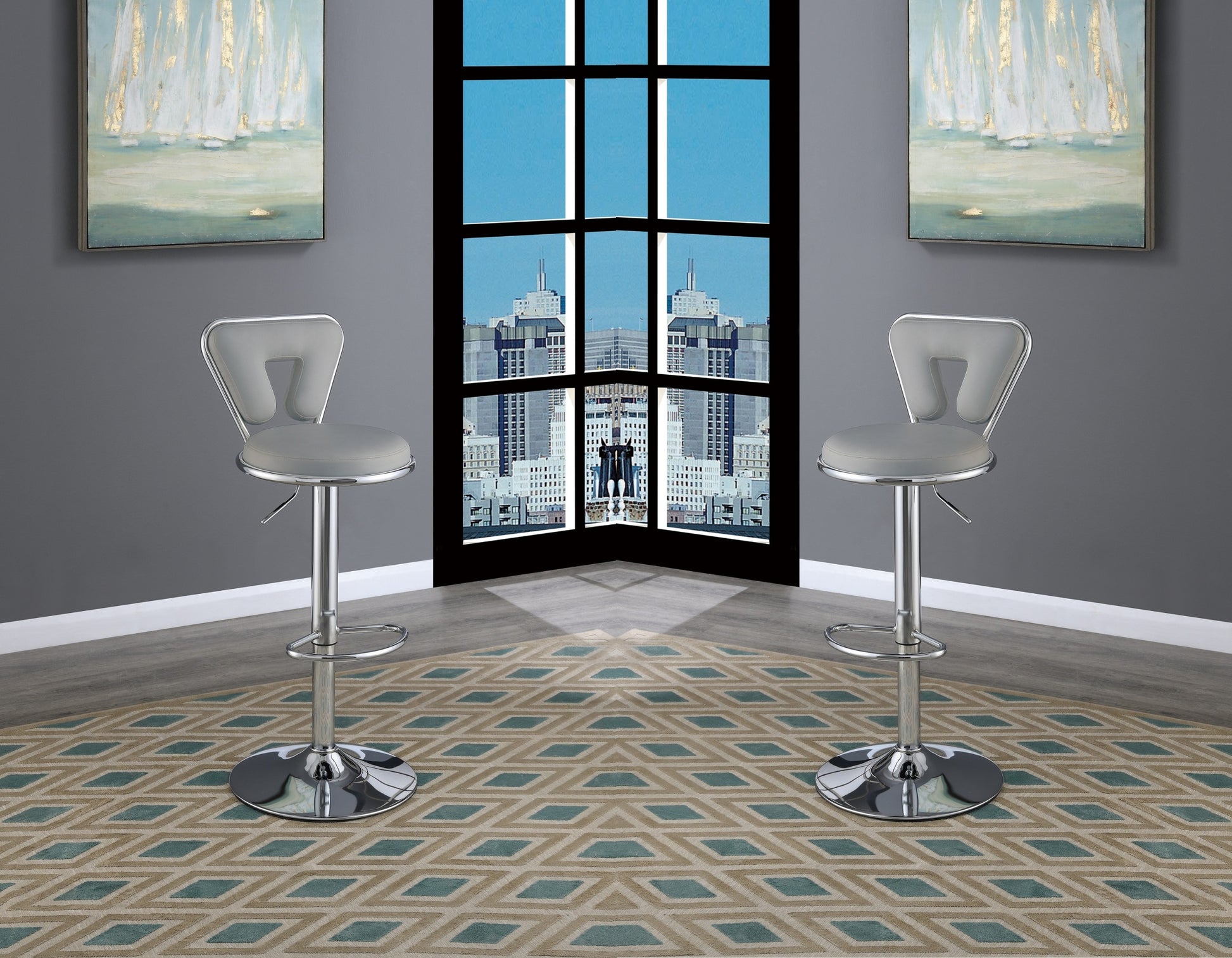 Adjustable Bar Stool Gas Lift Chair Gray Faux Leather Chrome Base Metal Frame Modern Stylish Set Of 2 Chairs Gray Dining Room Contemporary,Modern Bar Stools Metal