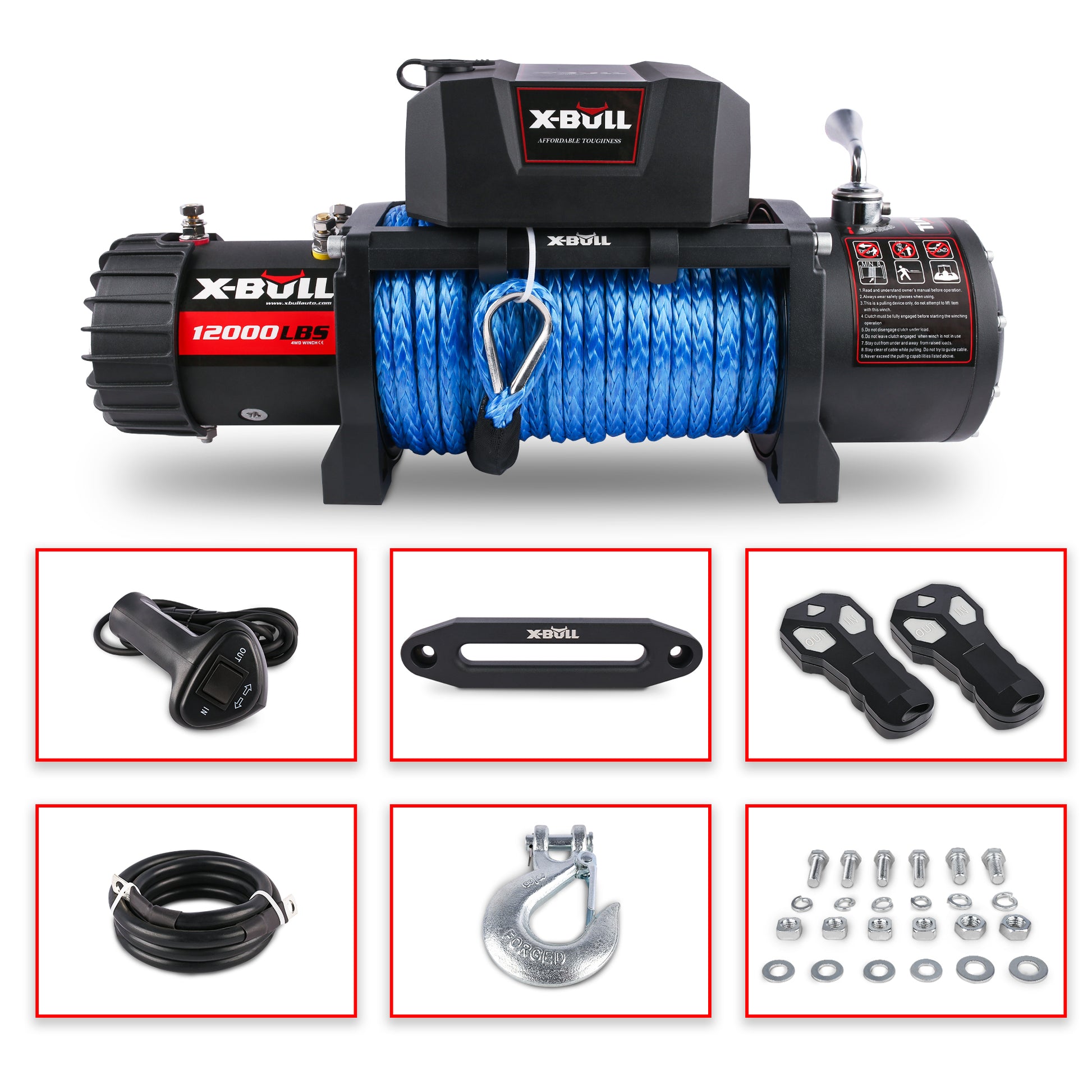 12000 Lbs Electric Winch Synthetic Rope Trailer Towing 12V Truck Jeep Suv Black Stainless Steel