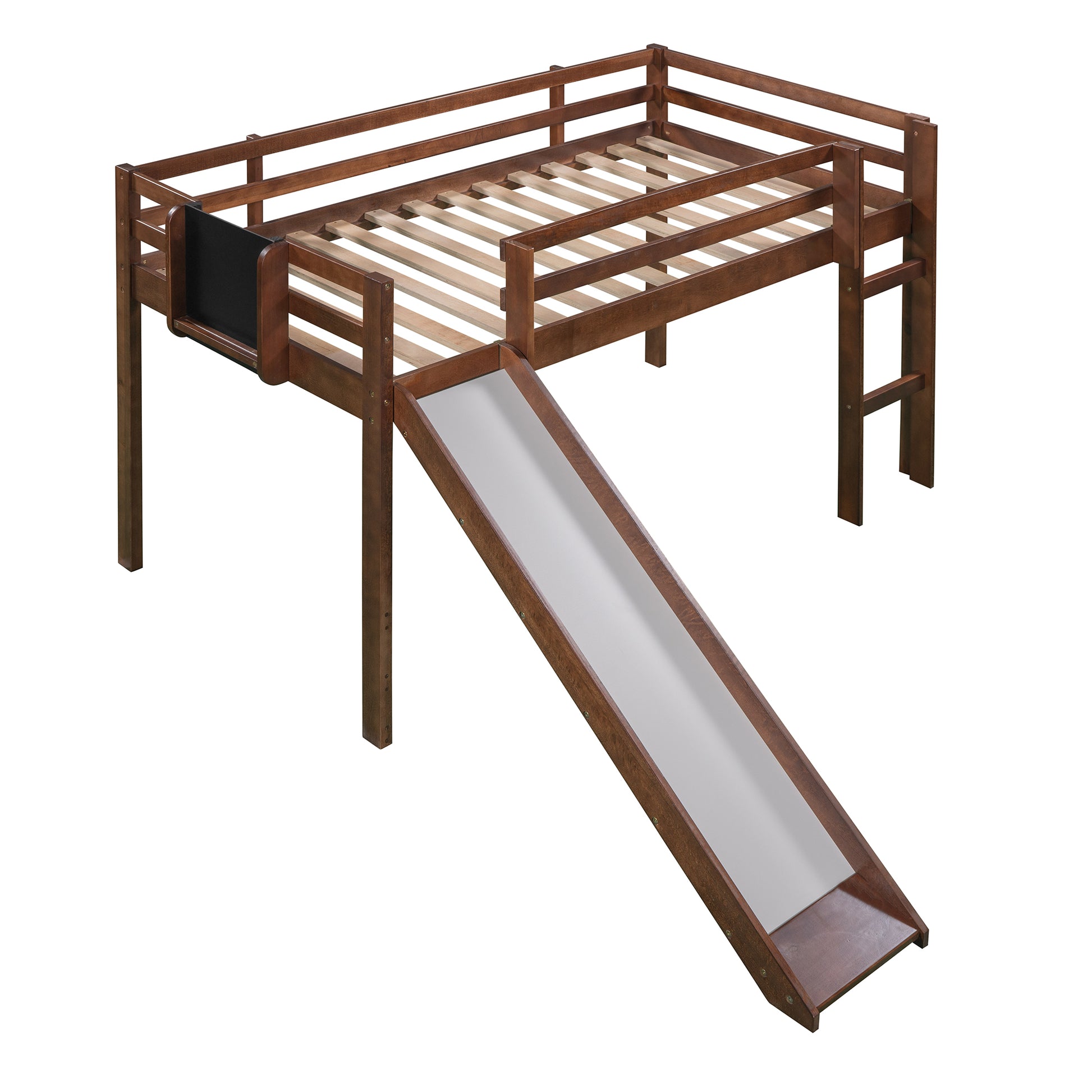 Twin Size Loft Bed Wood Bed With Slide, Stair And Chalkboard,Walnut Old Sku :Wf282115Aal Walnut Solid Wood