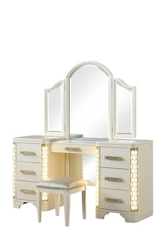 Jasmine Vanity Set With Side Led Lightning Made With Wood In Beige Beige Drawer 5 Drawers & Above Ball Bearing Glides Bedroom Contemporary,Modern Acacia Mirror Included Solid Wood Mdf Wood