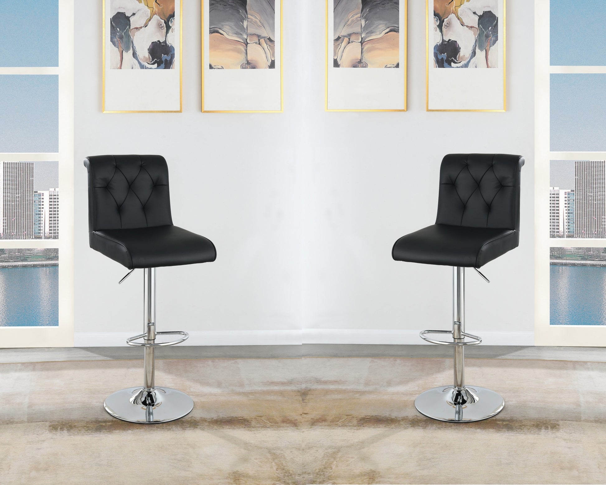 Adjustable Bar Stool Gas Lift Chair Black Faux Leather Tufted Chrome Base Modern Set Of 2 Chairs Dining Kitchen Black Dining Room Contemporary,Modern Bar Stools Tufted Back Metal