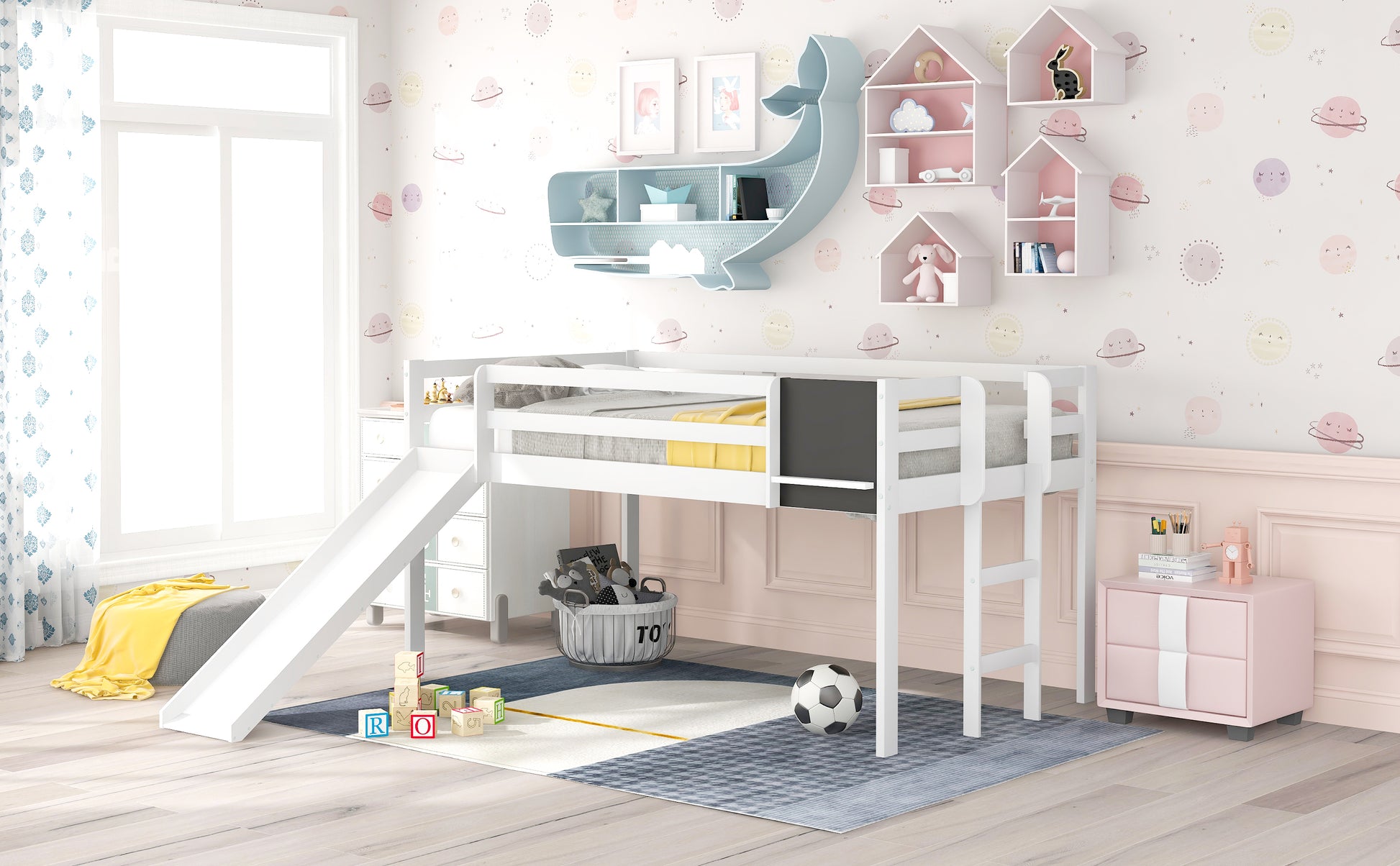 Twin Size Loft Bed Wood Bed With Slide, Stair And Chalkboard,White Old Sku :Wf282115Aak White Solid Wood