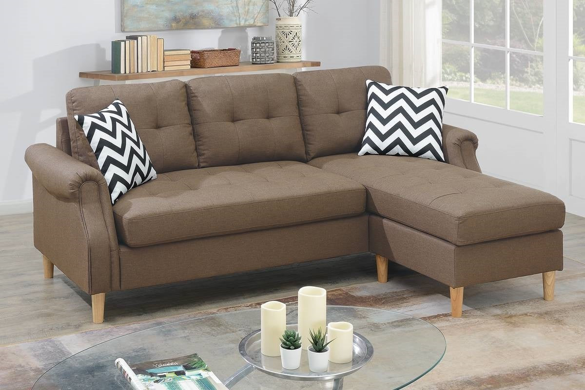 Living Room Corner Sectional Light Coffee Polyfiber Chaise Sofa Reversible Sectional Light Coffee Wood Primary Living Space Tufted Back Contemporary,Modern L Shaped Rubberwood Rolled Arms Solid Wood 4 Seat