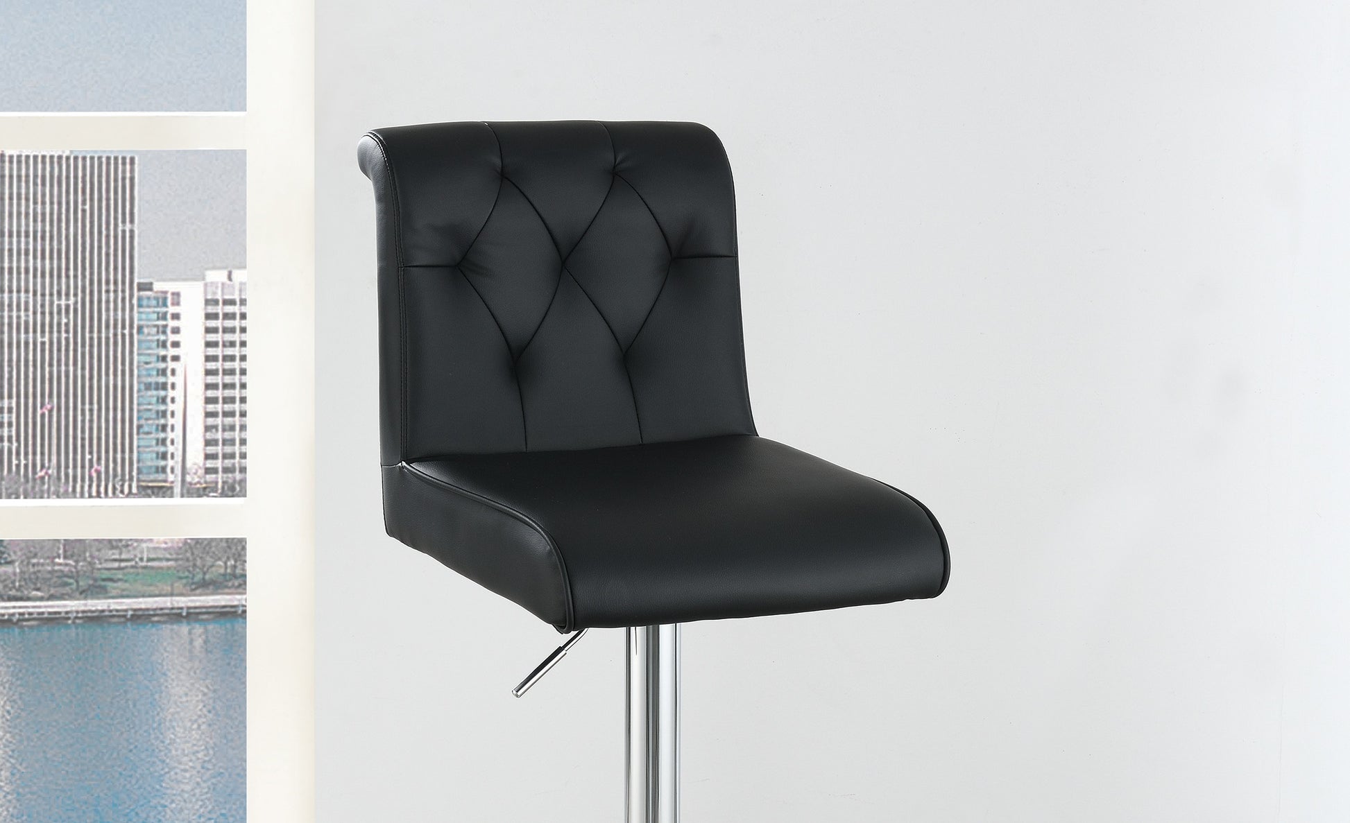 Adjustable Bar Stool Gas Lift Chair Black Faux Leather Tufted Chrome Base Modern Set Of 2 Chairs Dining Kitchen Black Dining Room Contemporary,Modern Bar Stools Tufted Back Metal
