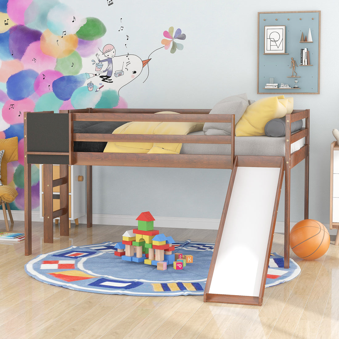 Full Size Loft Bed Wood Bed With Slide, Stair And Chalkboard,Walnut Old Sku:Wf282116Aal Walnut Solid Wood