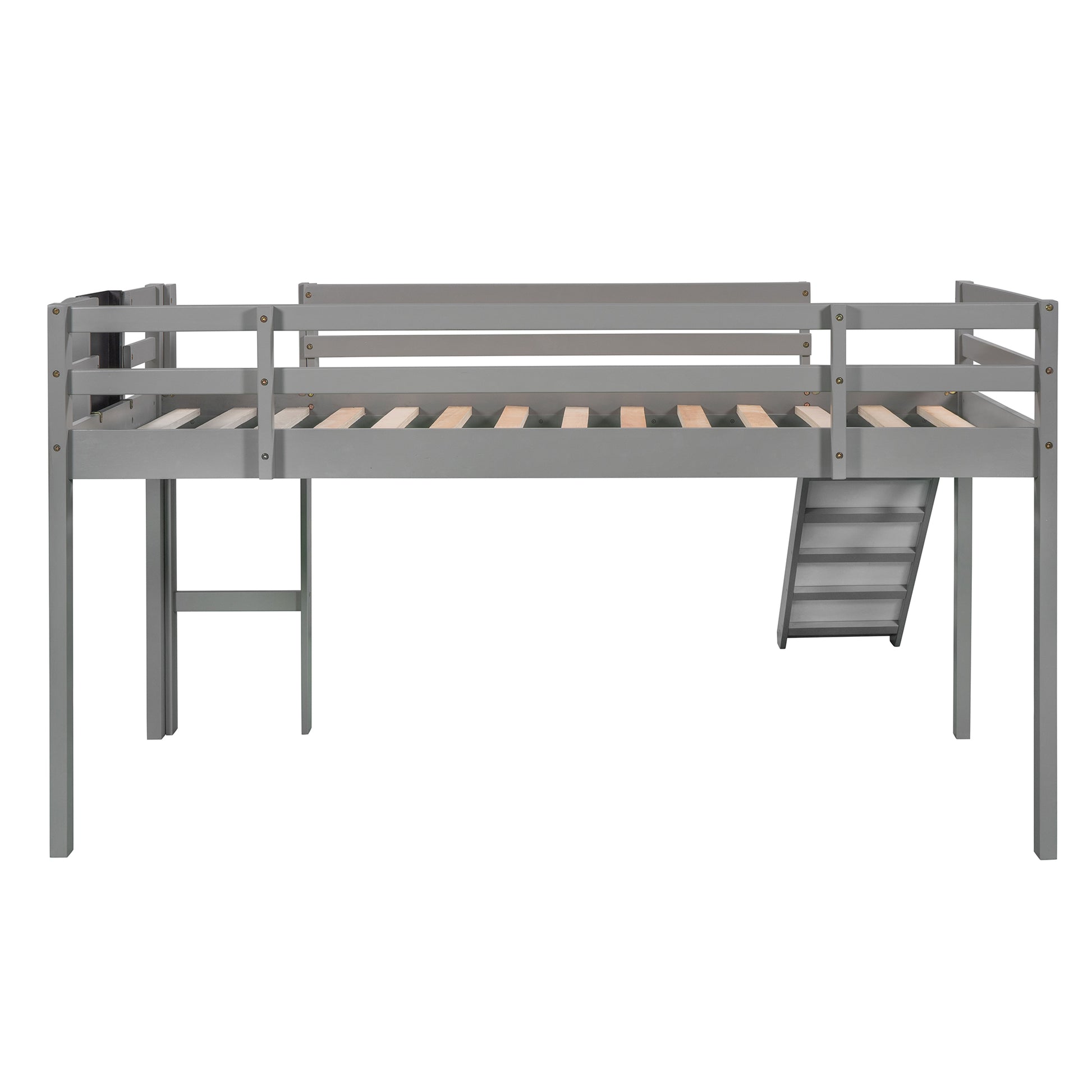 Twin Size Loft Bed Wood Bed With Slide, Stair And Chalkboard,Gray Old Sku :Wf282115Aae Gray Solid Wood