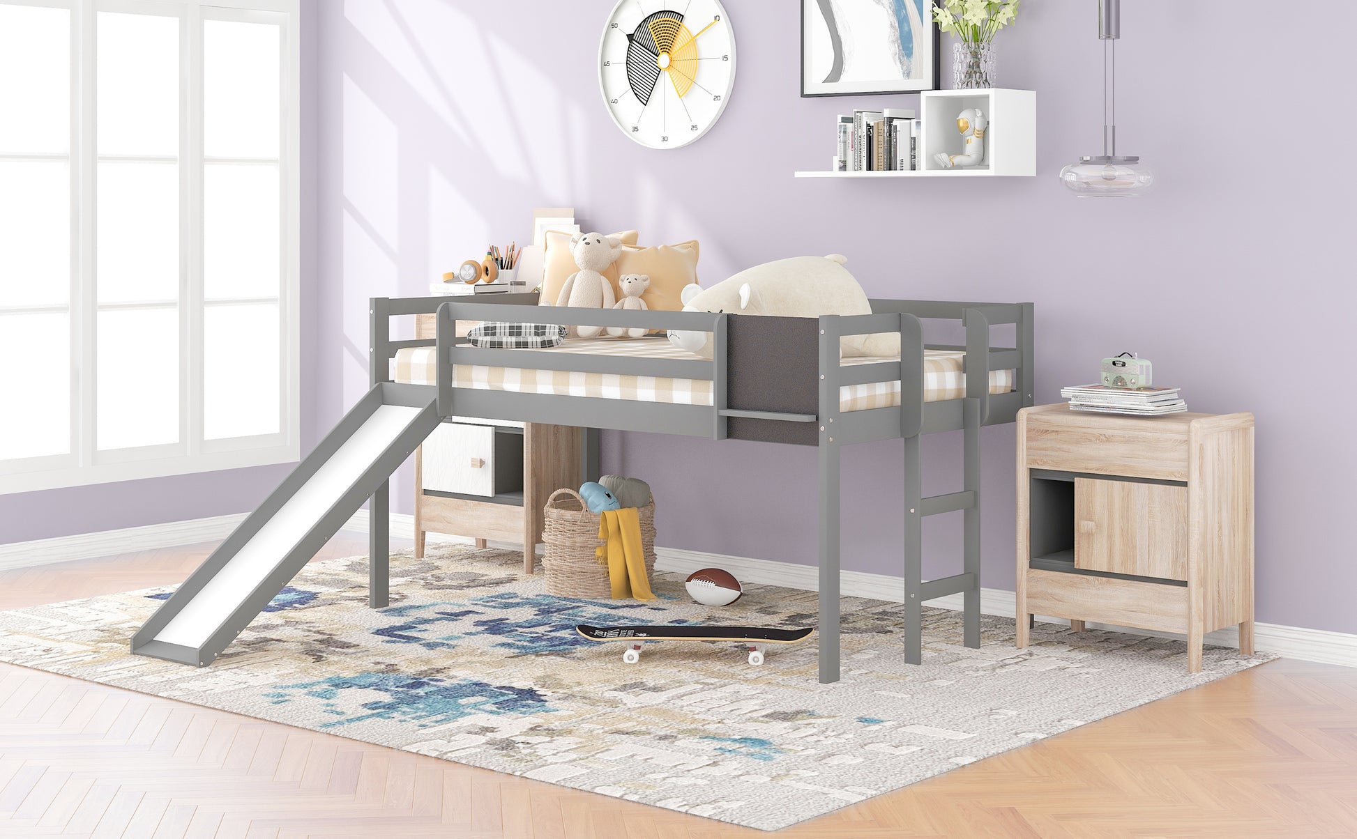 Twin Size Loft Bed Wood Bed With Slide, Stair And Chalkboard,Gray Old Sku :Wf282115Aae Gray Solid Wood