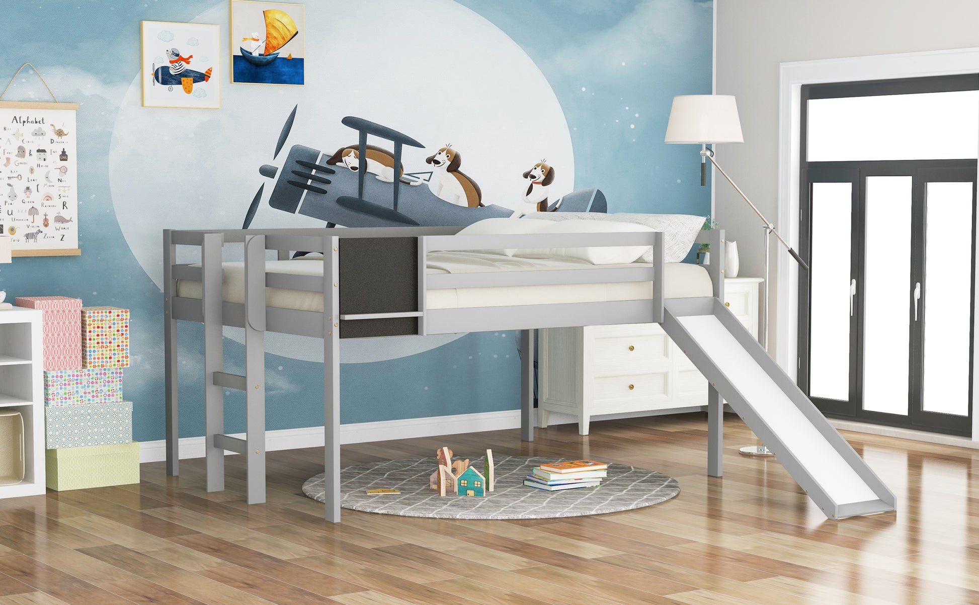 Full Size Loft Bed Wood Bed With Slide, Stair And Chalkboard,Gray Old Sku:Wf282116Aae Gray Solid Wood