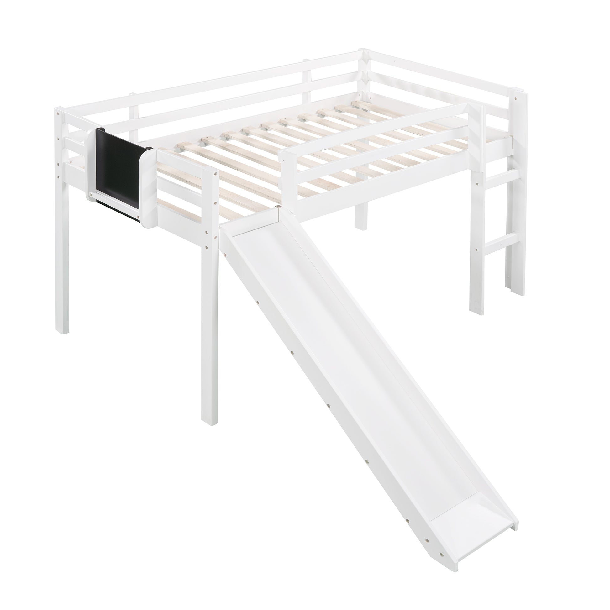 Twin Size Loft Bed Wood Bed With Slide, Stair And Chalkboard,White Old Sku :Wf282115Aak White Solid Wood