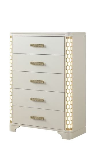 Jasmine 5 Drawer Chest With Side Led Lightning Made With Wood In Beige Beige Bedroom Modern Acacia Upholstered Wood