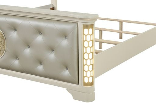 Queen 4 Pc Unique Led Vanity Bedroom Set Made With Wood In Beige Box Spring Required Queen Beige Wood 4 Piece Set Bedroom Modern Acacia Solid Wood Mdf Tufted Velvet Wood