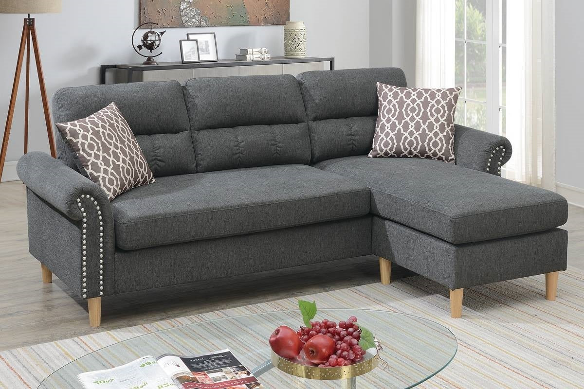 Slate Color Polyfiber Reversible Sectional Sofa Set Chaise Pillows Plush Cushion Couch Nailheads Grey Mix Velvet Wood Primary Living Space Cushion Back Contemporary,Modern L Shaped Rolled Arms Fabric 4 Seat