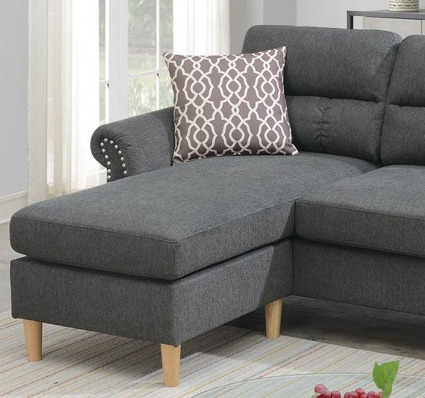 Slate Color Polyfiber Reversible Sectional Sofa Set Chaise Pillows Plush Cushion Couch Nailheads Grey Mix Velvet Wood Primary Living Space Cushion Back Contemporary,Modern L Shaped Rolled Arms Fabric 4 Seat