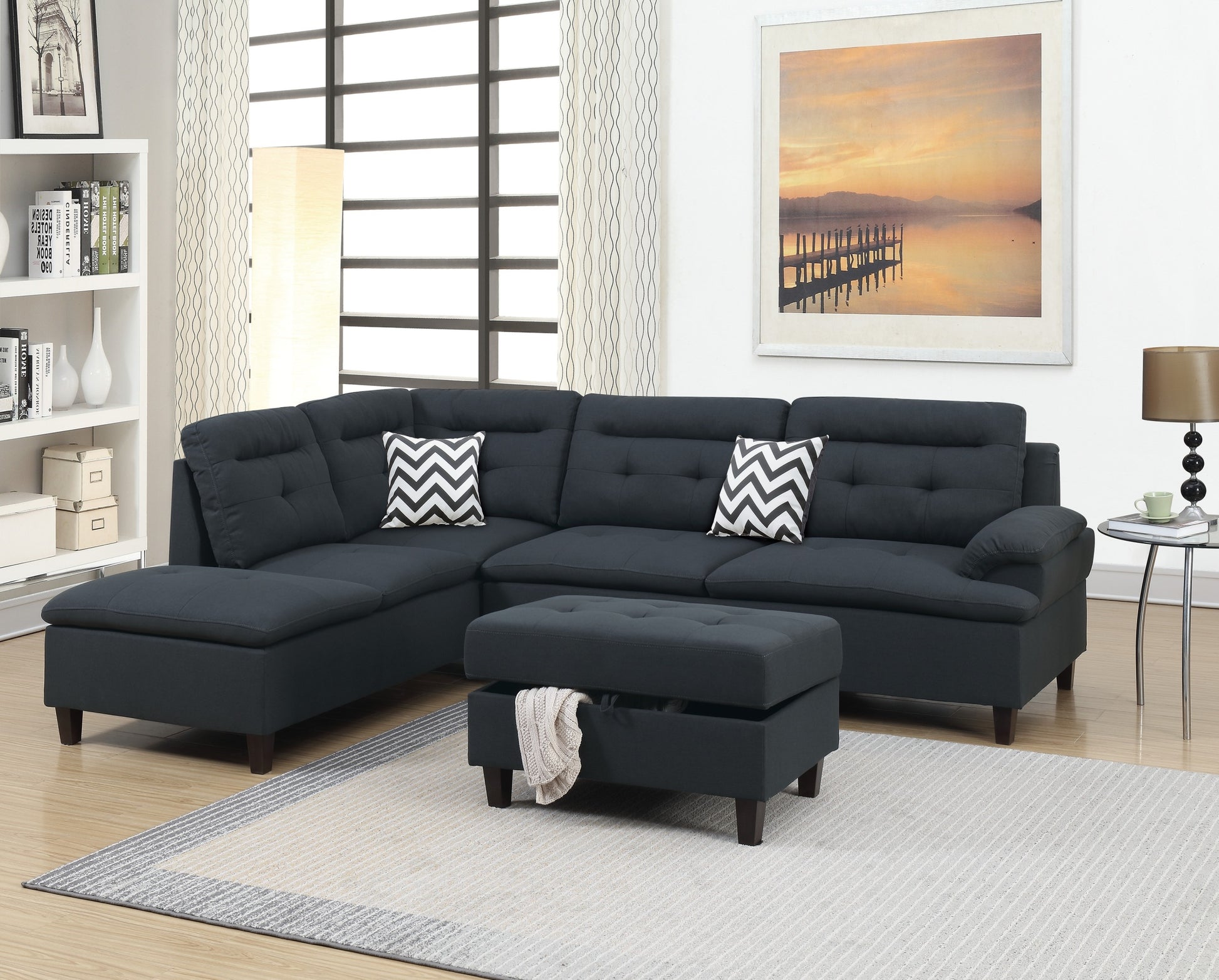 Living Room Furniture Black Cushion Sectional W Ottoman Linen Like Fabric Sofa Chaise Black Wood Primary Living Space Cushion Back Classic,Contemporary,Modern L Shaped Pine Pillow Top Arms Solid Wood 4 Seat