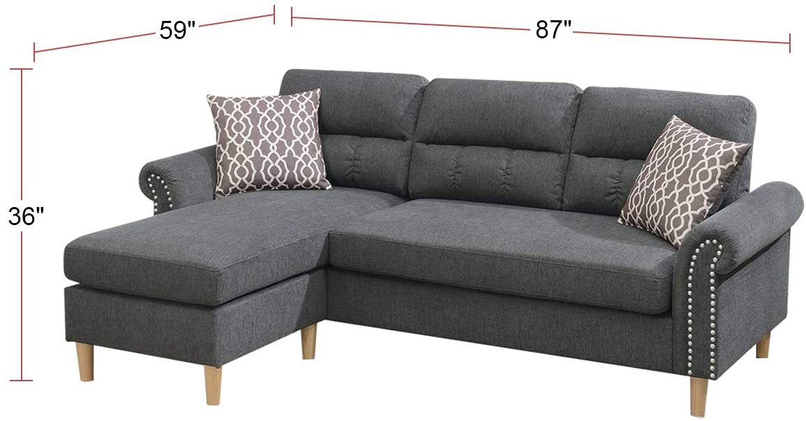 Slate Color Polyfiber Reversible Sectional Sofa Set Chaise Pillows Plush Cushion Couch Nailheads Grey Mix Velvet Wood Primary Living Space Cushion Back Contemporary,Modern L Shaped Rolled Arms Fabric 4 Seat