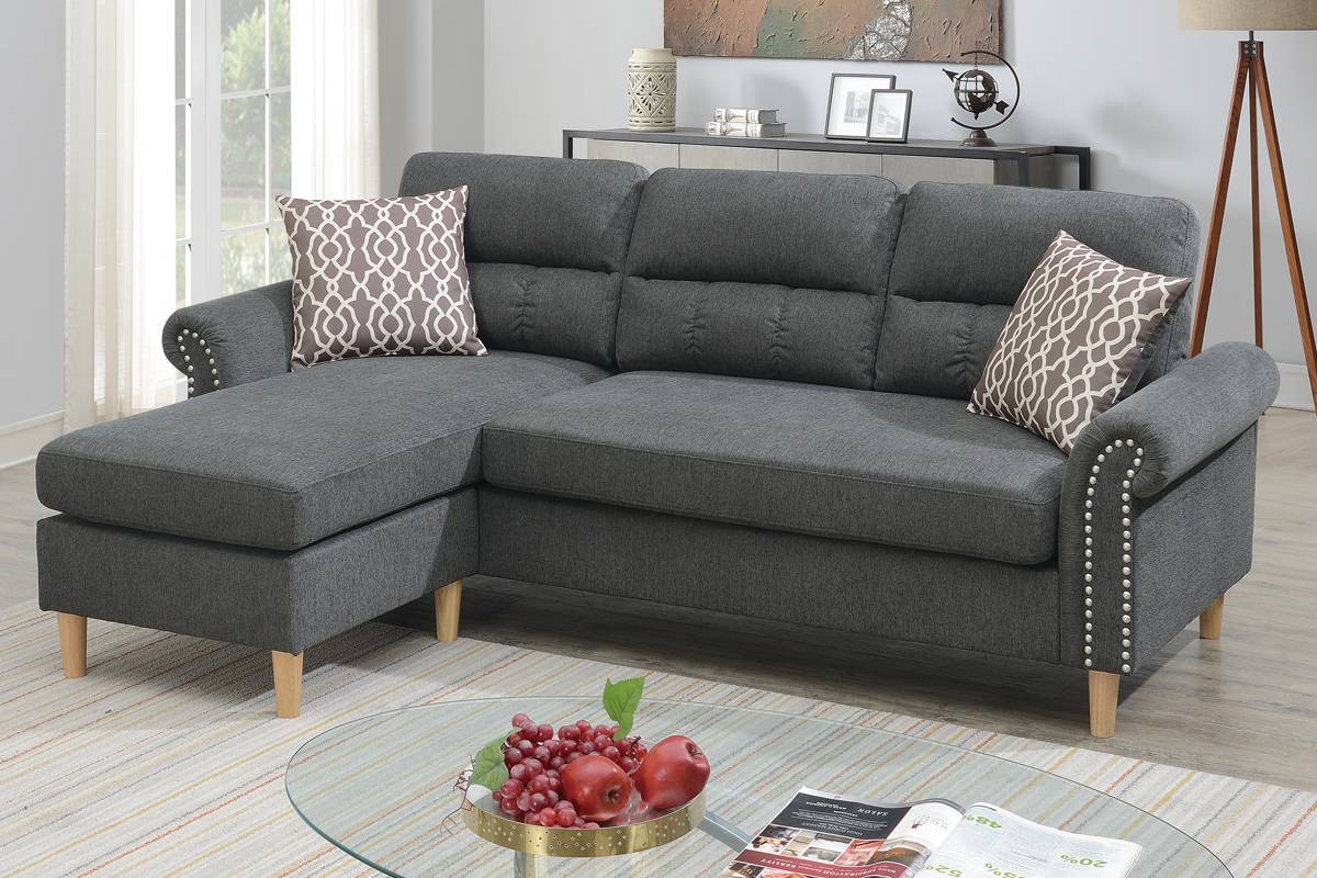 Slate Color Polyfiber Reversible Sectional Sofa Set Chaise Pillows Plush Cushion Couch Nailheads Grey Mix Velvet Wood Primary Living Space Cushion Back Contemporary,Modern L Shaped Rolled Arms Fabric 4 Seat